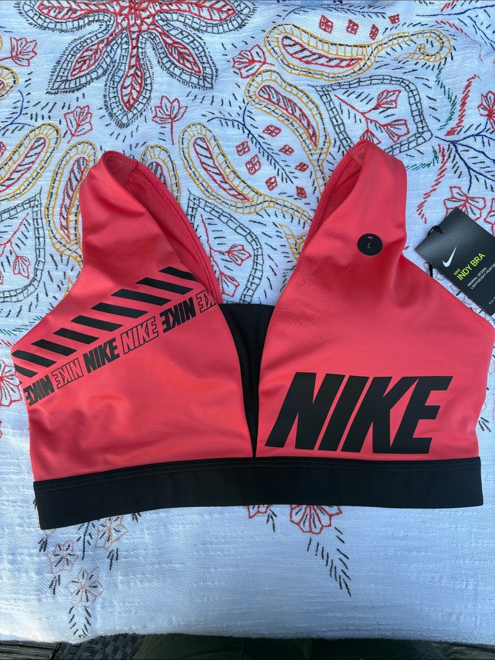 Nike Coral-Red and Black Logo Sports Bra